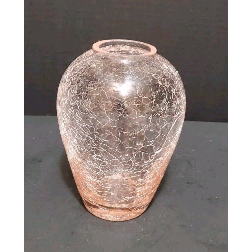 Silvestri Crackle Glass Vase Handcrafted 6" Light Pink Iridescent Original Vtg